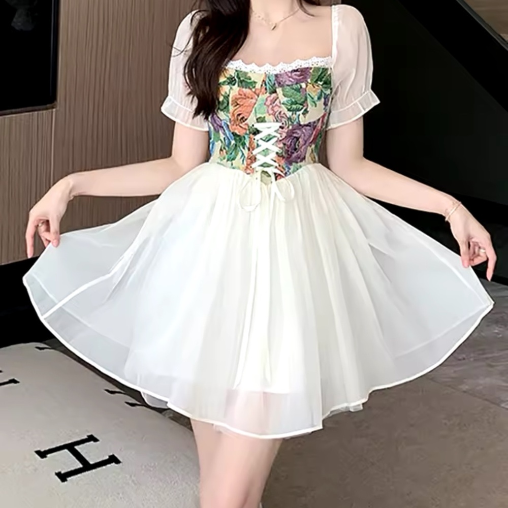 New French Square Neck Bubble Sleeve Lace Up Fairy Mini Dress for Women Size S